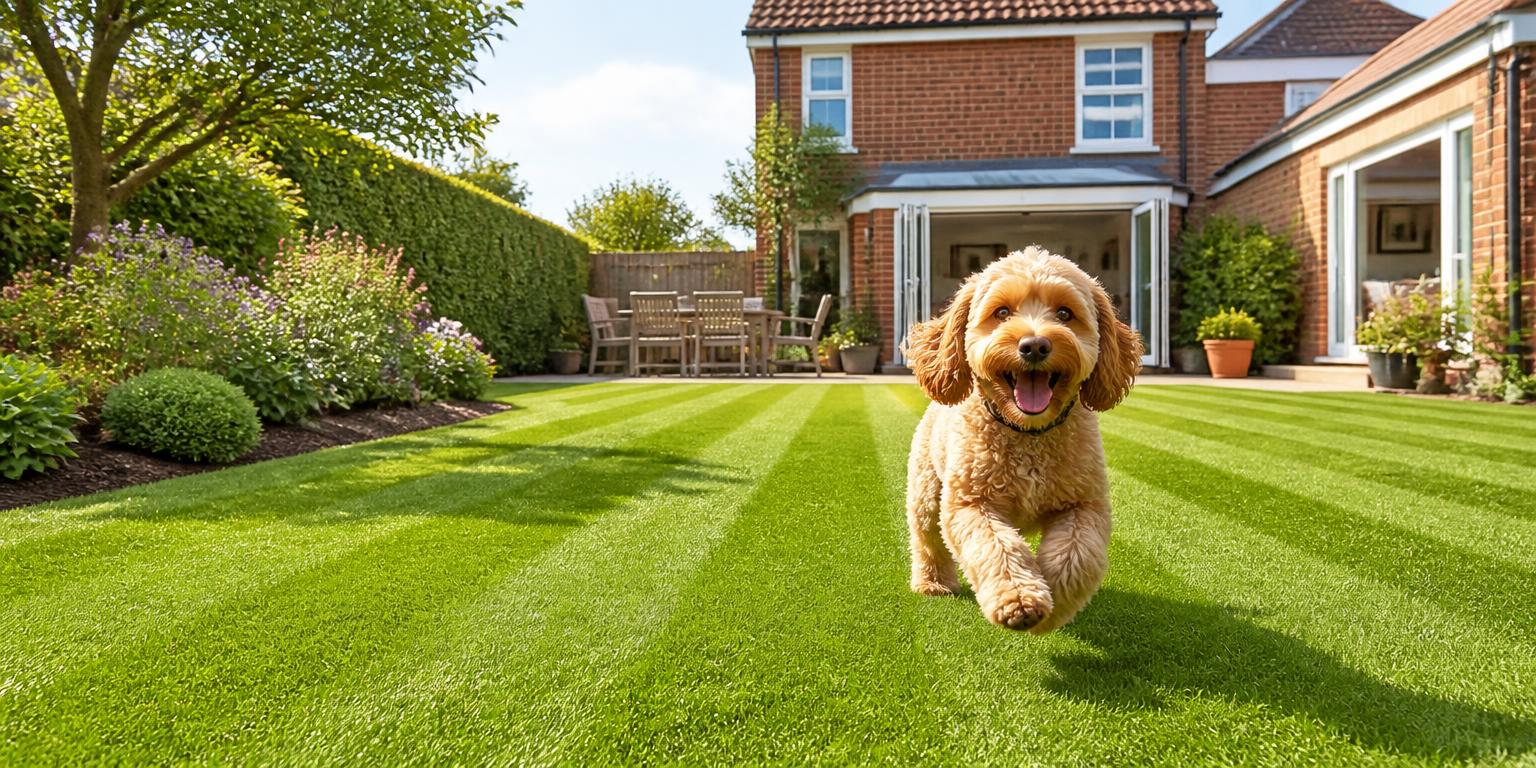 Cockapoo running across a freshly mowed lawn in a clean back garden